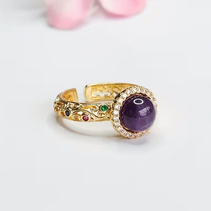 Amethyst Engagement Ring – Purple Crystal with Golden-Tone Band & 9 Accent Stones