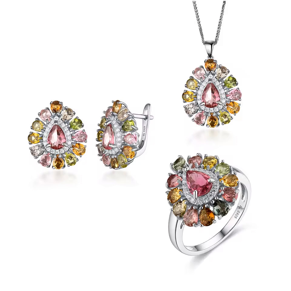 Tourmaline Natural Gem Jewelry Set – 925 Silver