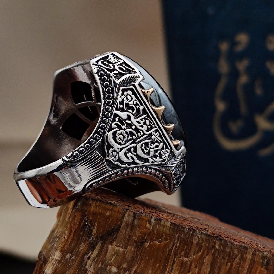 La Ilaha Illallah Ring – Carved Hematite, 925 Silver