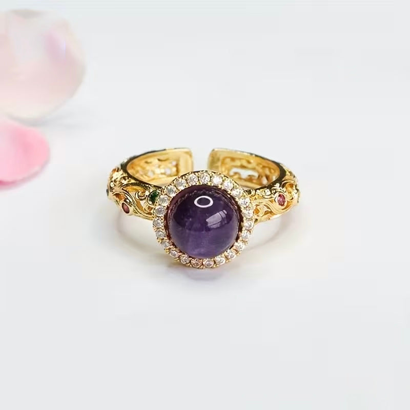 Amethyst Engagement Ring – Purple Crystal with Golden-Tone Band & 9 Accent Stones