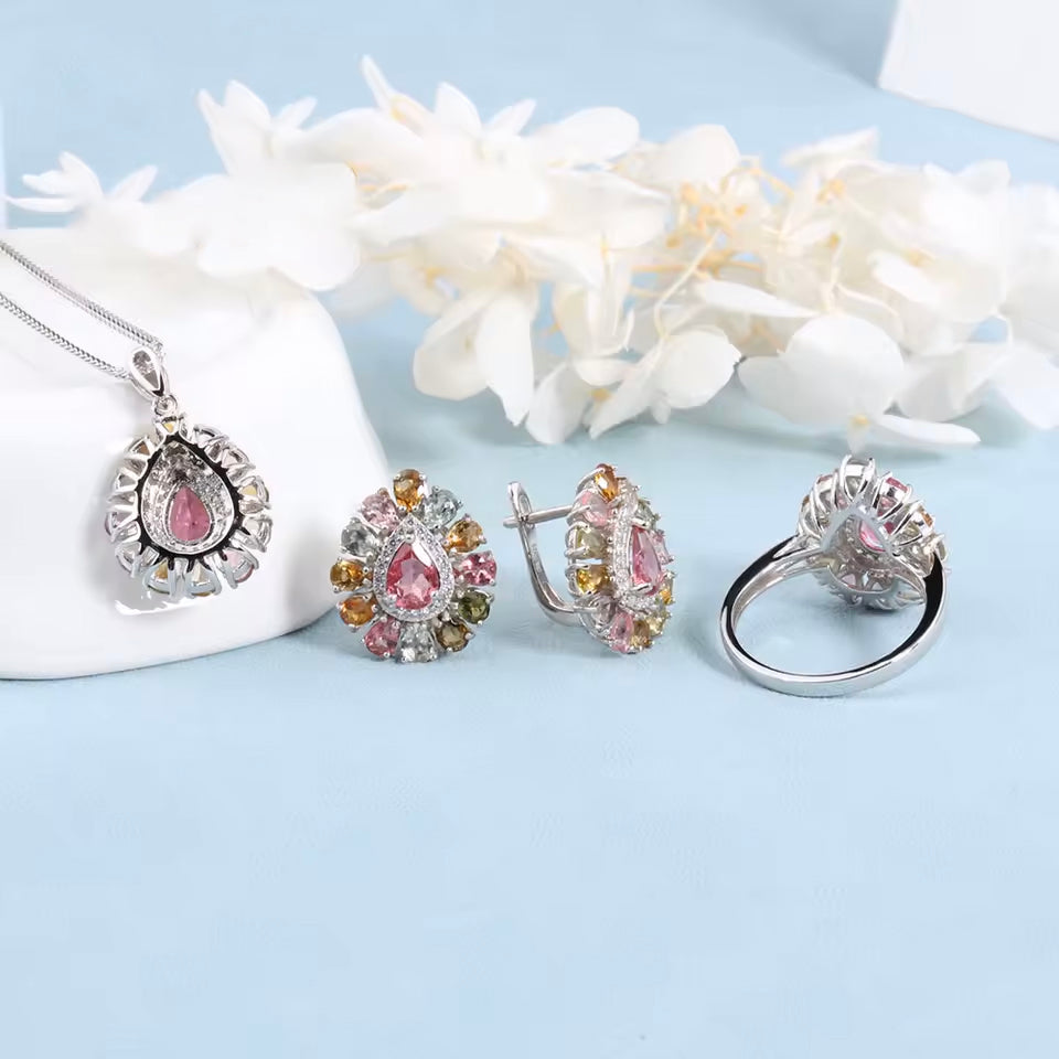 Tourmaline Natural Gem Jewelry Set – 925 Silver