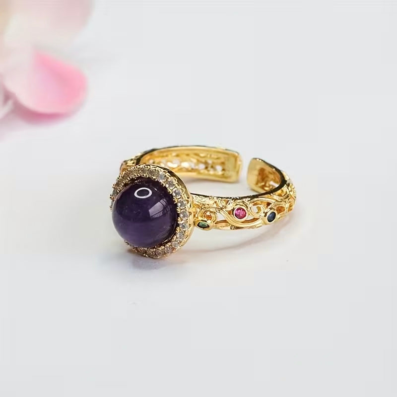 Amethyst Engagement Ring – Purple Crystal with Golden-Tone Band & 9 Accent Stones