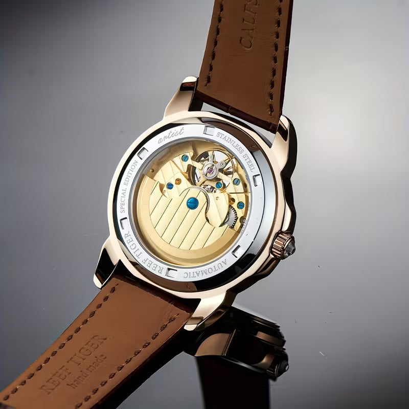 REEF TIGER Men’s Luxury Mechanical Chronograph Watch – Gold-Tone | Multi-Zone Bezel