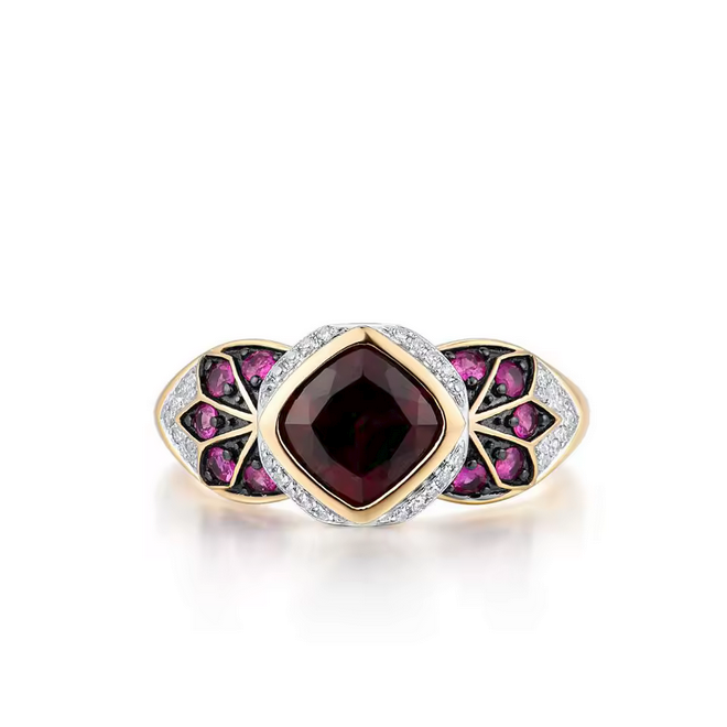 14K Yellow Gold Ring with Diamond, Ruby & Rhodolite Garnet – Fine Luxury Jewelry