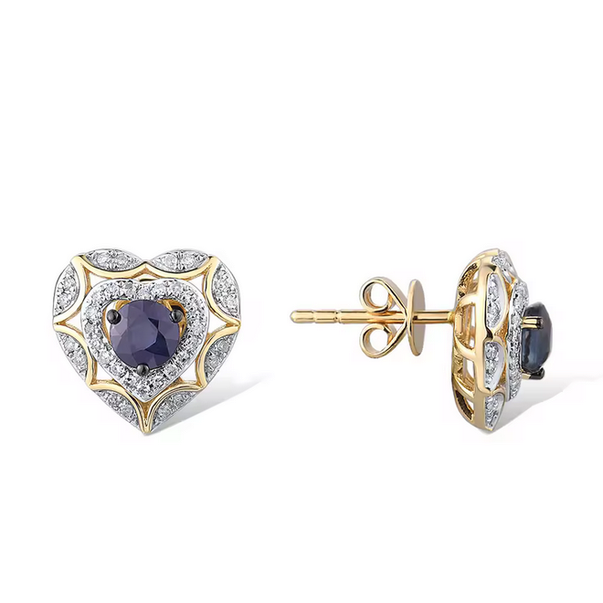 14K Yellow Gold Heart Stud Earrings with Natural Blue Sapphire & Diamonds