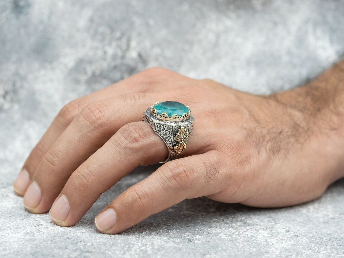 Tourmaline Silver Ring – Handmade Sky Blue Gemstone for Men