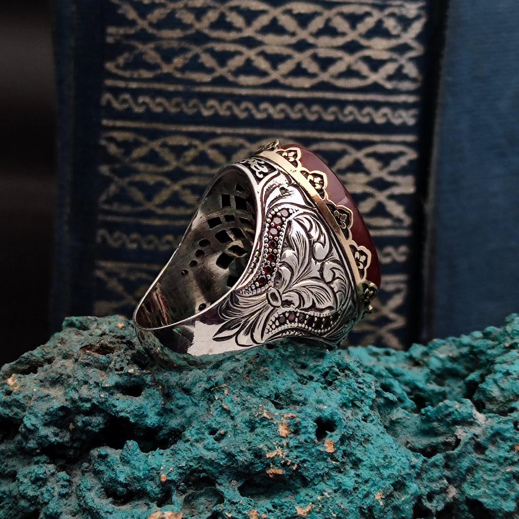 Allah Engraved Agate Ring – 925 Sterling Silver Men’s Islamic Jewelry