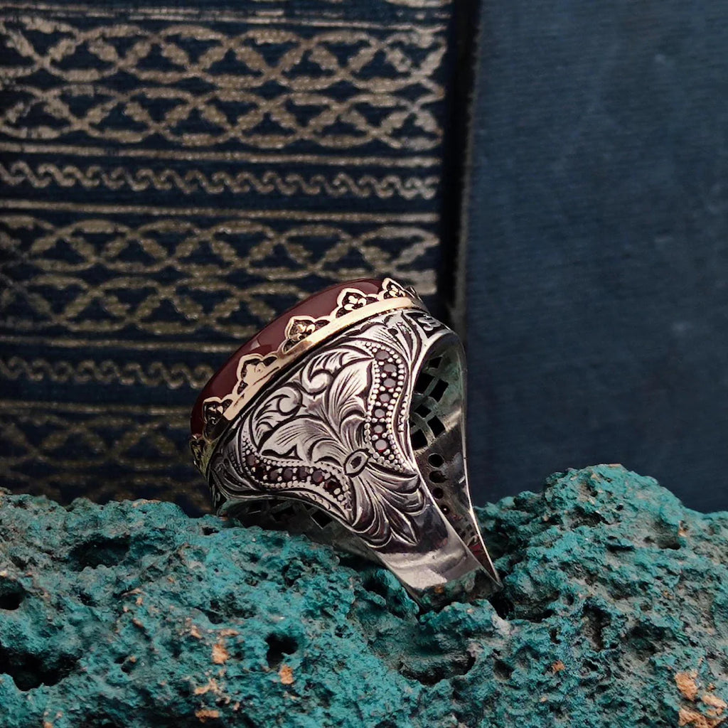 Allah Engraved Agate Ring – 925 Sterling Silver Men’s Islamic Jewelry