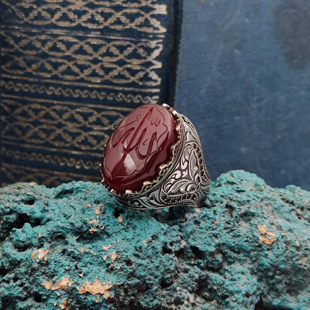 Allah Engraved Agate Ring – 925 Sterling Silver Men’s Islamic Jewelry