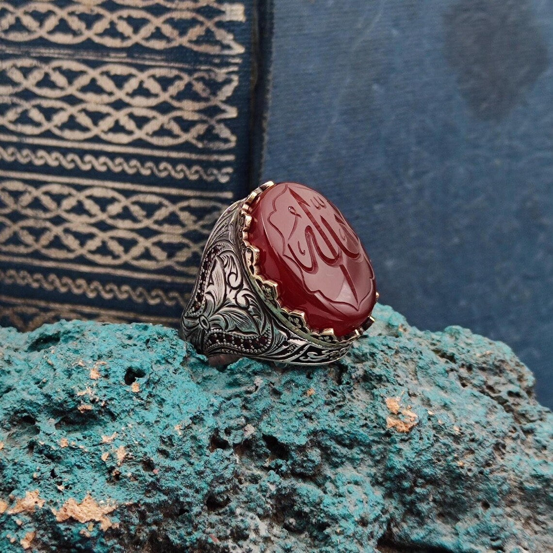 Allah Engraved Agate Ring – 925 Sterling Silver Men’s Islamic Jewelry