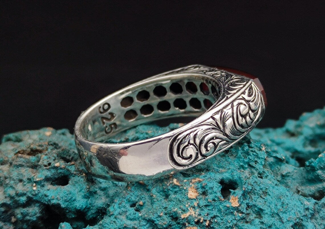 La ilaha illa Allah Ring – Red Agate Stone, 925 Sterling Silver