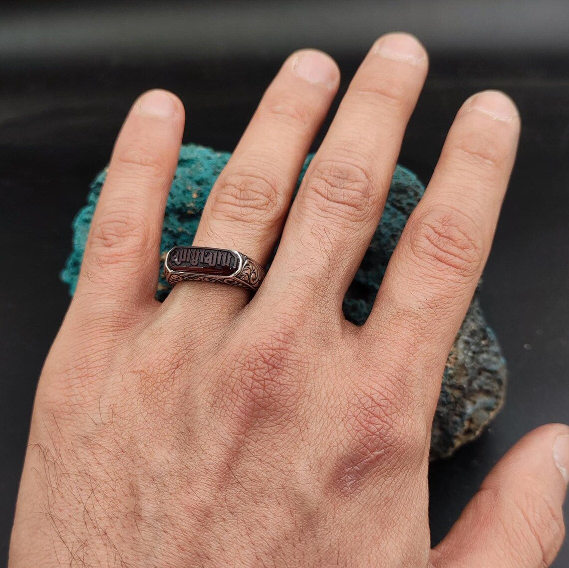 La ilaha illa Allah Ring – Red Agate Stone, 925 Sterling Silver