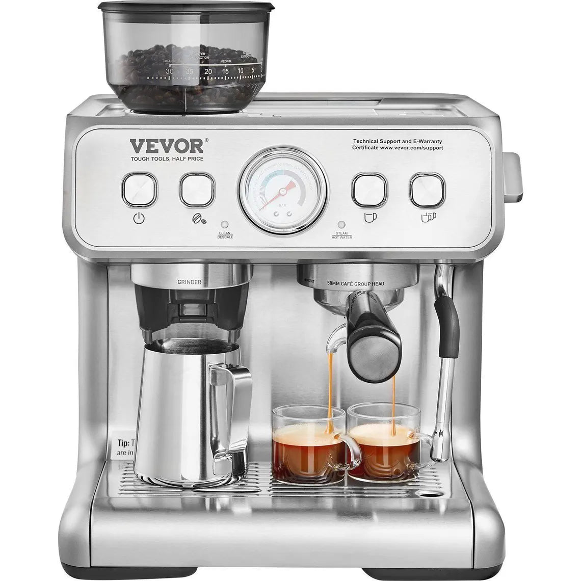 VEVOR ProBarista Espresso Machine with Built-In Grinder & Milk Frother – 15 Bar Precision Brewing