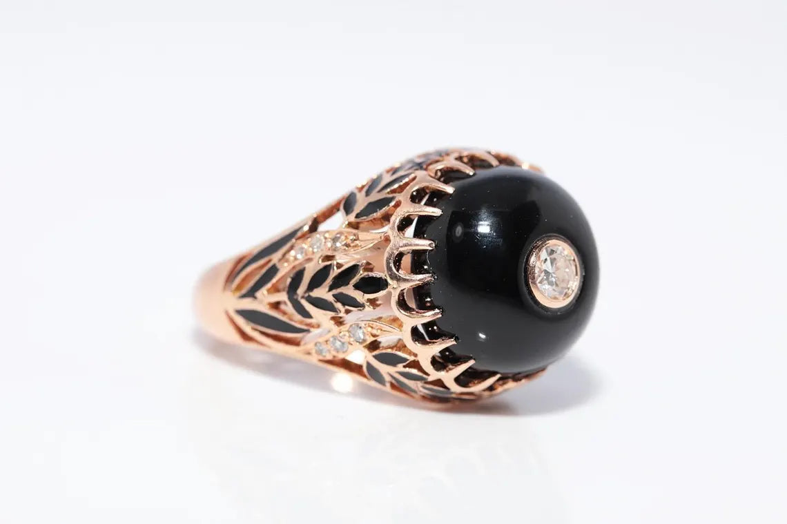 Vintage 14K Gold Diamond & Onyx Enamel Ring – Circa 1960s | Rare Statement Piece