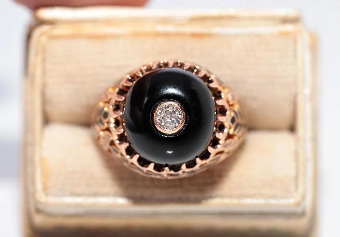Vintage 14K Gold Diamond & Onyx Enamel Ring – Circa 1960s | Rare Statement Piece