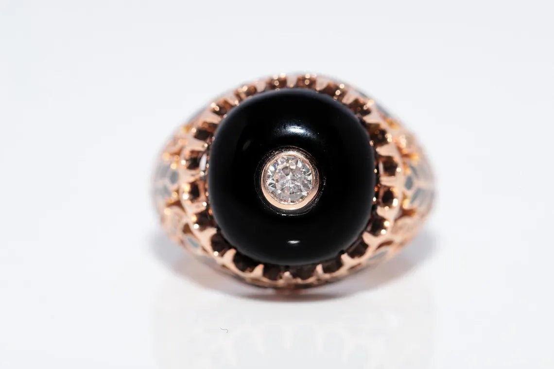 Vintage 14K Gold Diamond & Onyx Enamel Ring – Circa 1960s | Rare Statement Piece