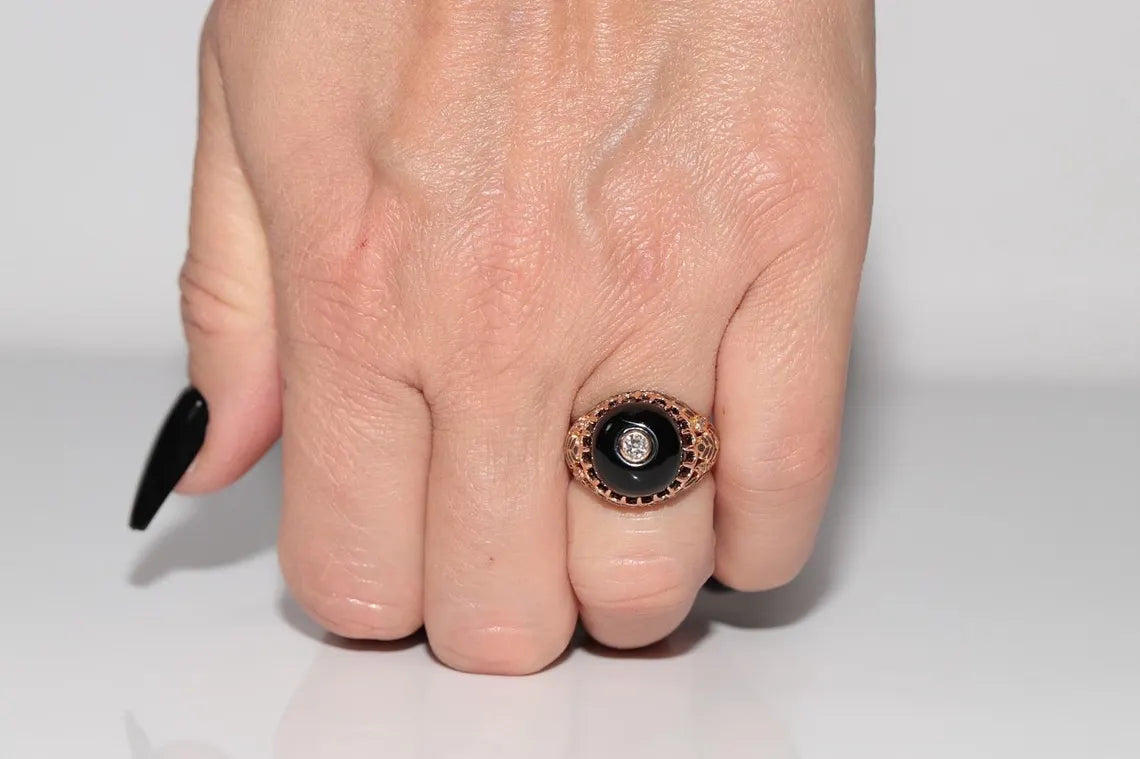 Vintage 14K Gold Diamond & Onyx Enamel Ring – Circa 1960s | Rare Statement Piece