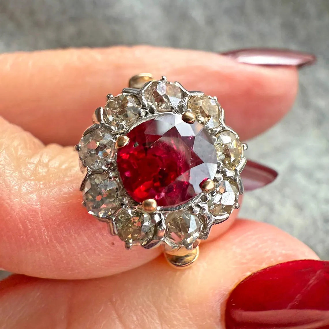 Antique Victorian Ruby & Diamond Cluster Ring – c.1890 | 15K Gold & Platinum, AGL Certified