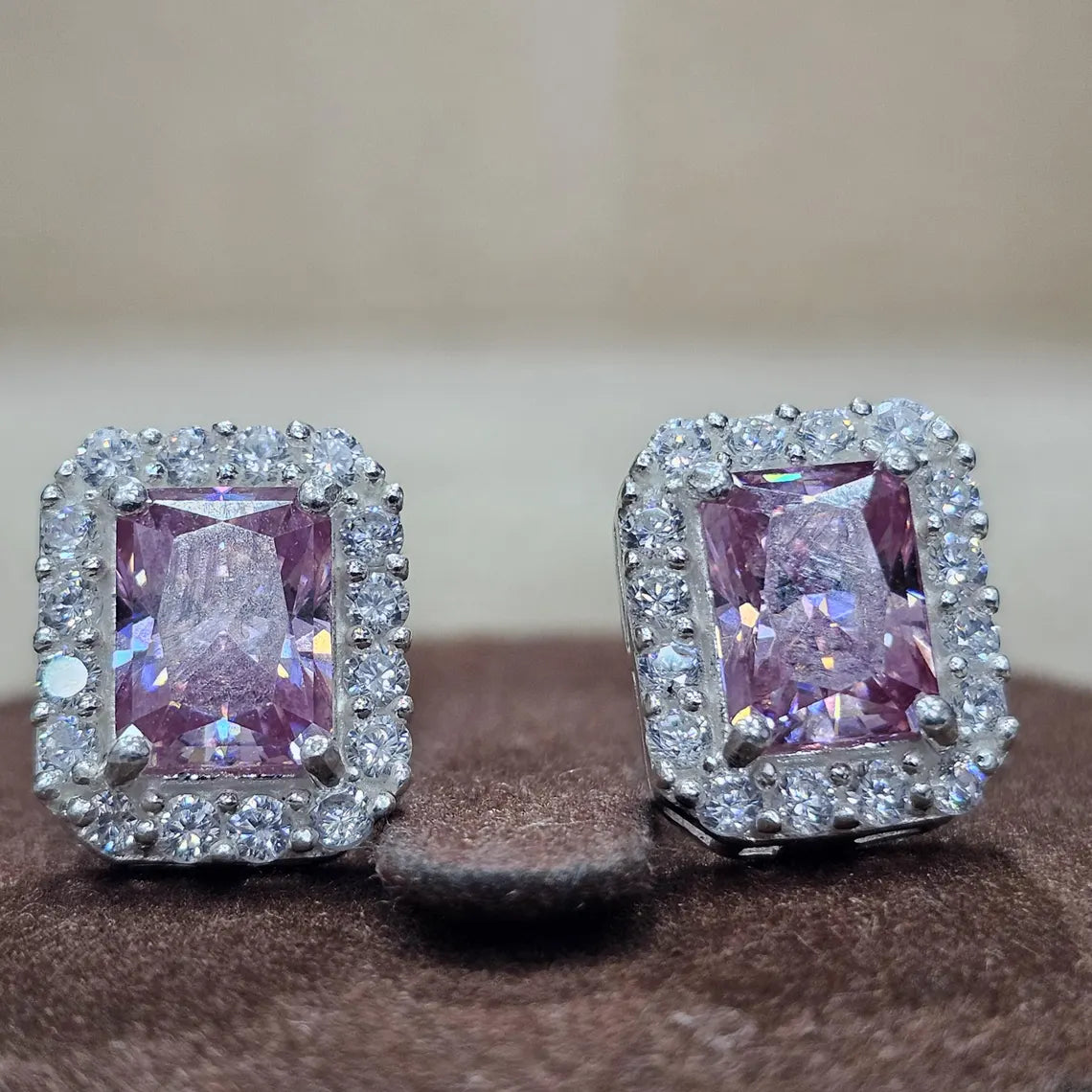 Pink Moissanite Halo Ring & Stud Earrings Set – 925 Sterling Silver | Oval & Cushion Cut