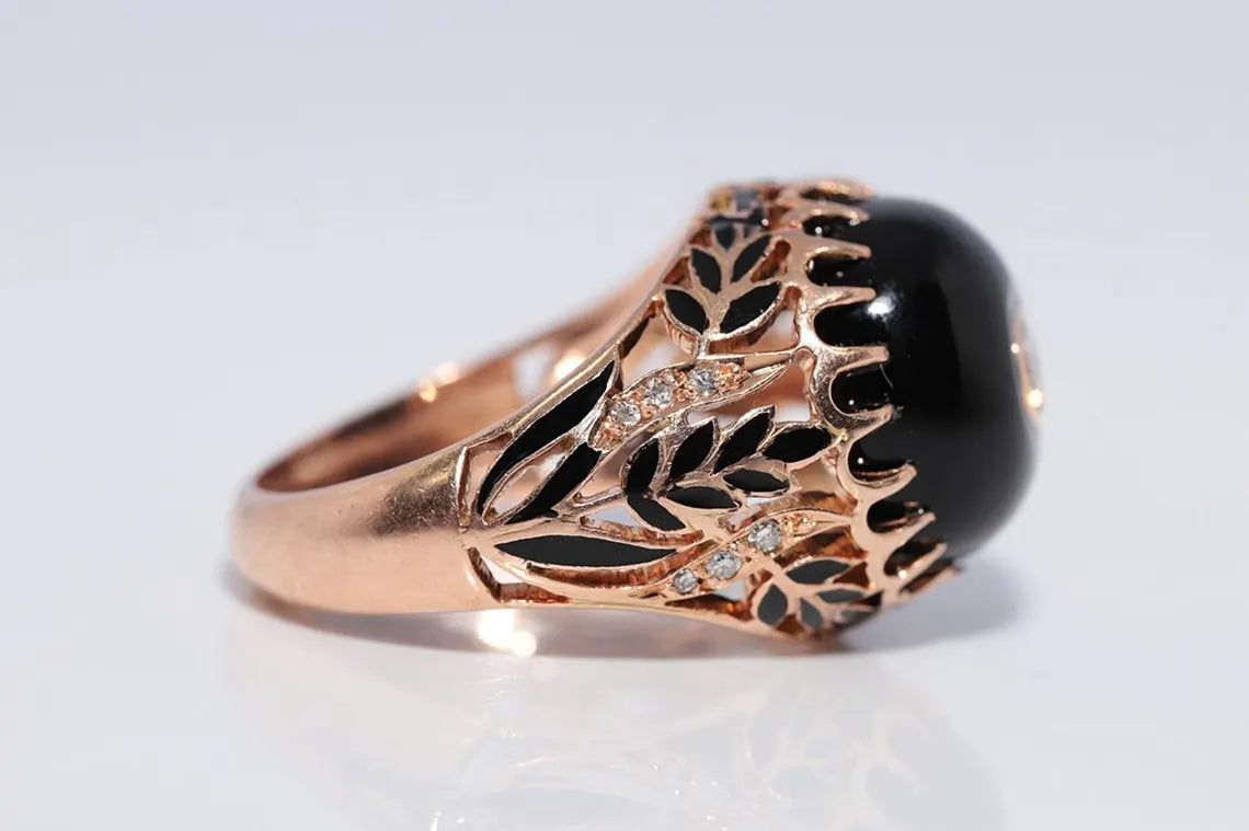 Vintage 14K Gold Diamond & Onyx Enamel Ring – Circa 1960s | Rare Statement Piece