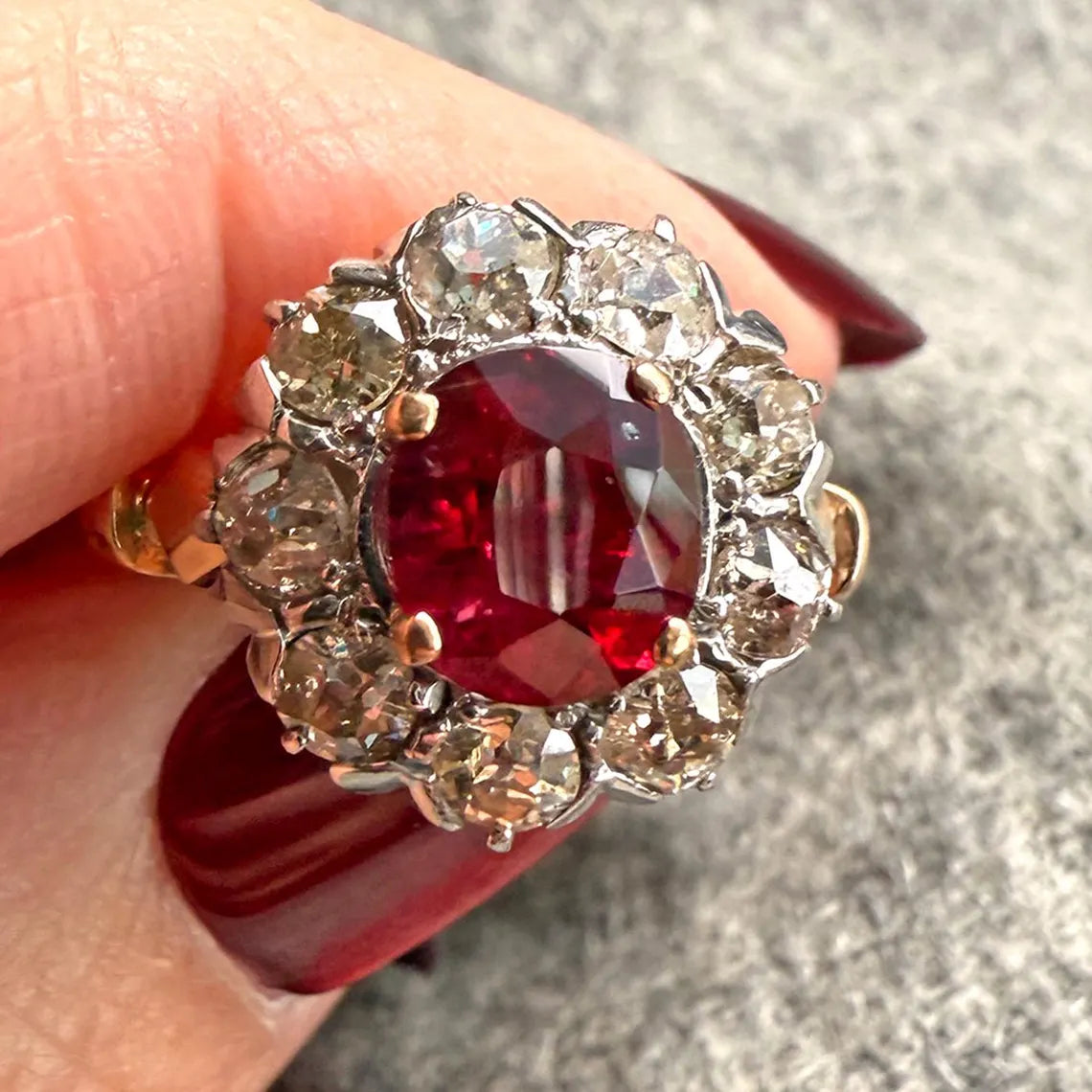 Antique Victorian Ruby & Diamond Cluster Ring – c.1890 | 15K Gold & Platinum, AGL Certified