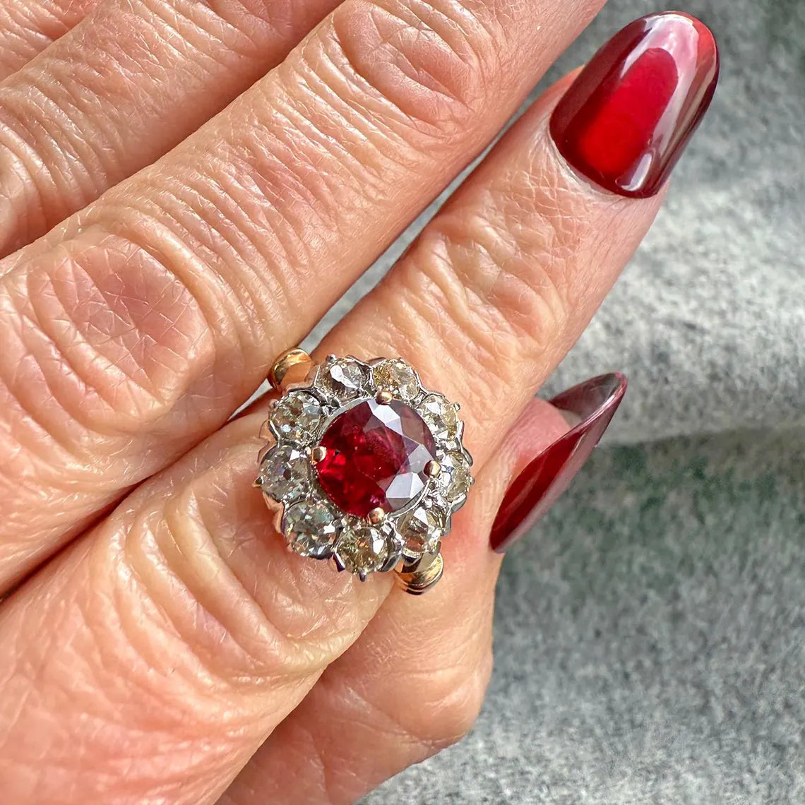 Antique Victorian Ruby & Diamond Cluster Ring – c.1890 | 15K Gold & Platinum, AGL Certified