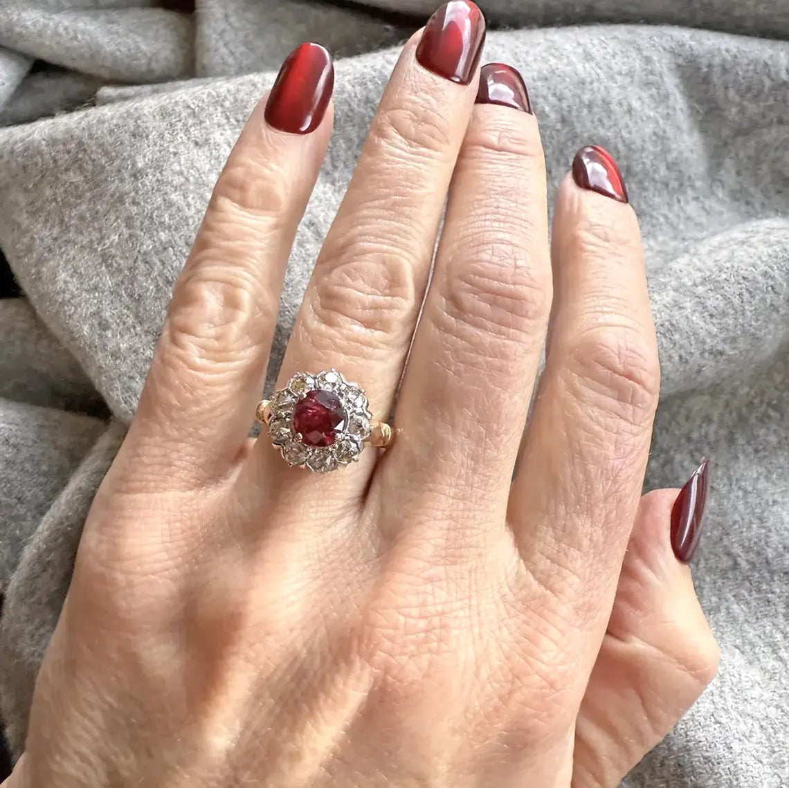 Antique Victorian Ruby & Diamond Cluster Ring – c.1890 | 15K Gold & Platinum, AGL Certified