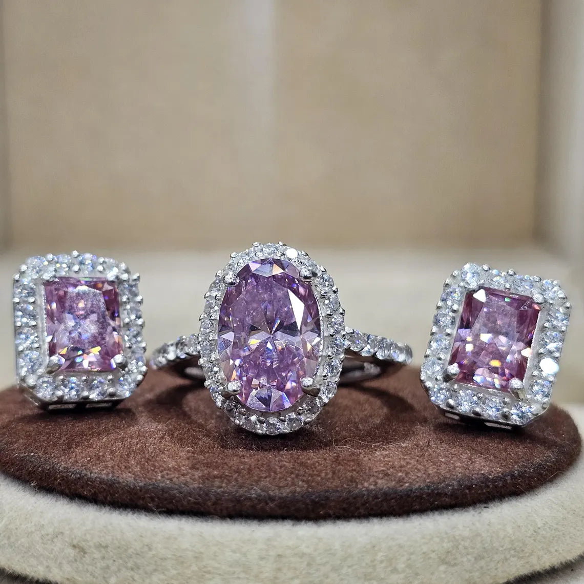 Pink Moissanite Halo Ring & Stud Earrings Set – 925 Sterling Silver | Oval & Cushion Cut