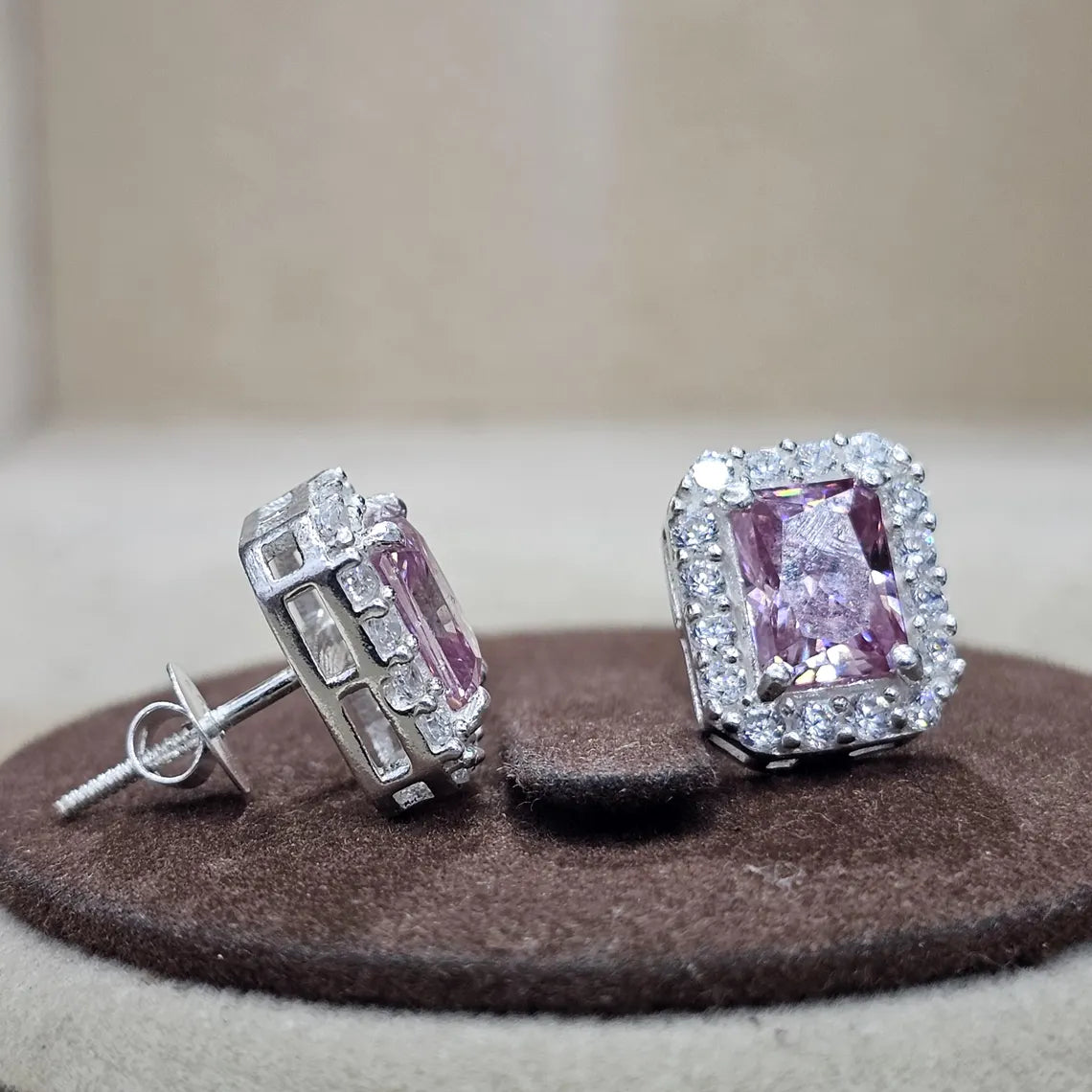 Pink Moissanite Halo Ring & Stud Earrings Set – 925 Sterling Silver | Oval & Cushion Cut