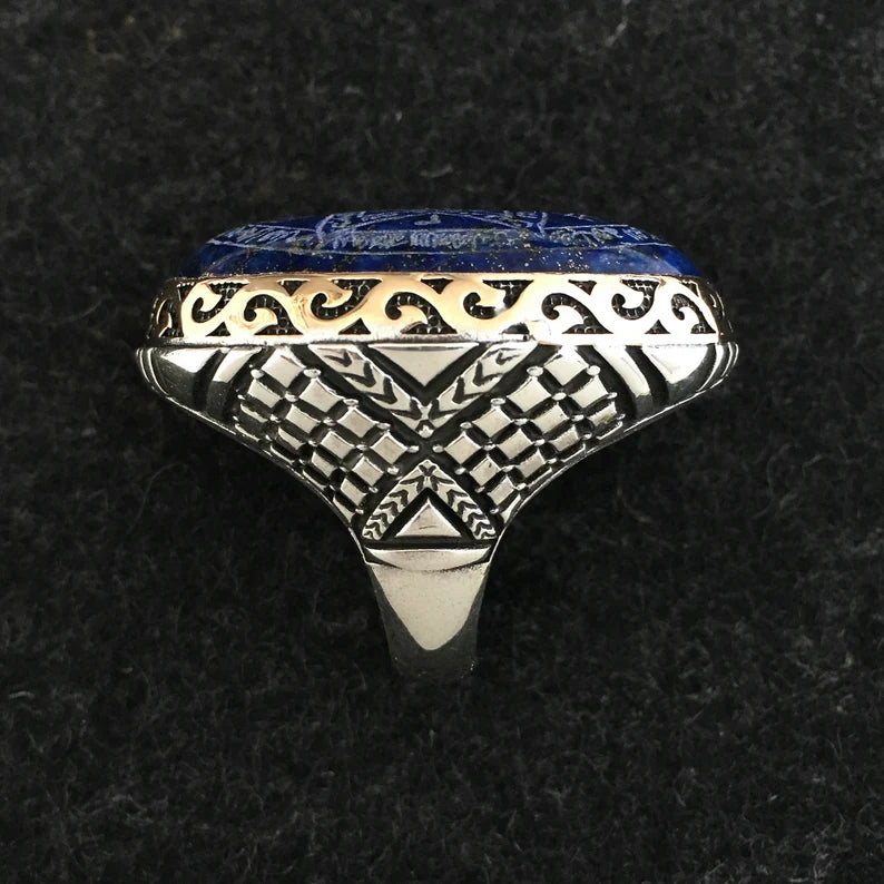Lapis Lazuli Seal of Solomon Ring – Hand-Engraved Sterling Silver Talisman