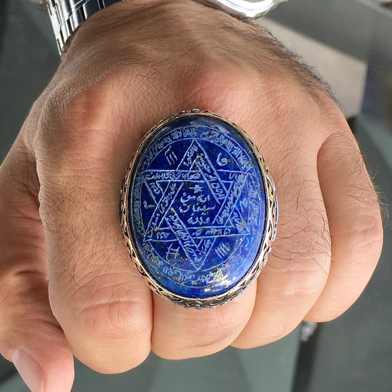 Lapis Lazuli Seal of Solomon Ring – Hand-Engraved Sterling Silver Talisman