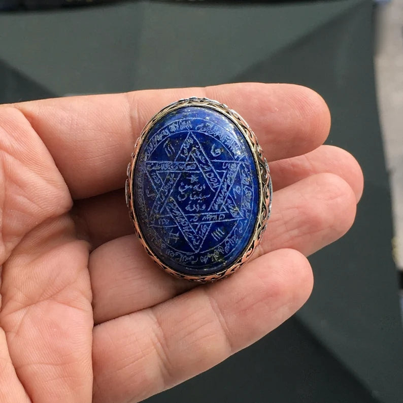 Lapis Lazuli Seal of Solomon Ring – Hand-Engraved Sterling Silver Talisman