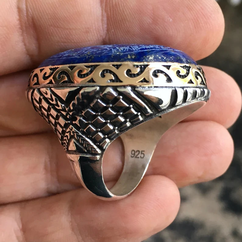 Lapis Lazuli Seal of Solomon Ring – Hand-Engraved Sterling Silver Talisman