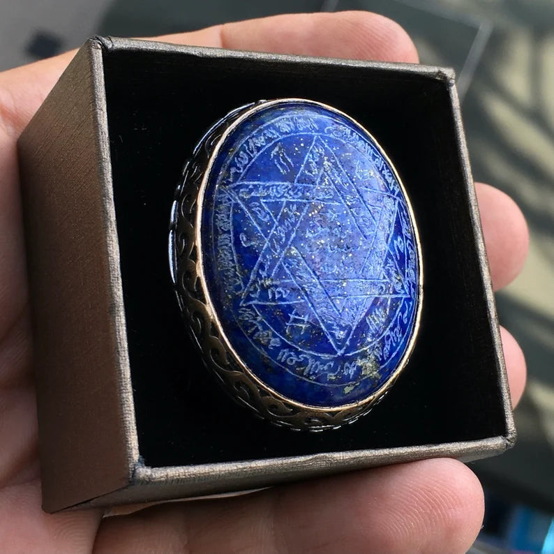 Lapis Lazuli Seal of Solomon Ring – Hand-Engraved Sterling Silver Talisman