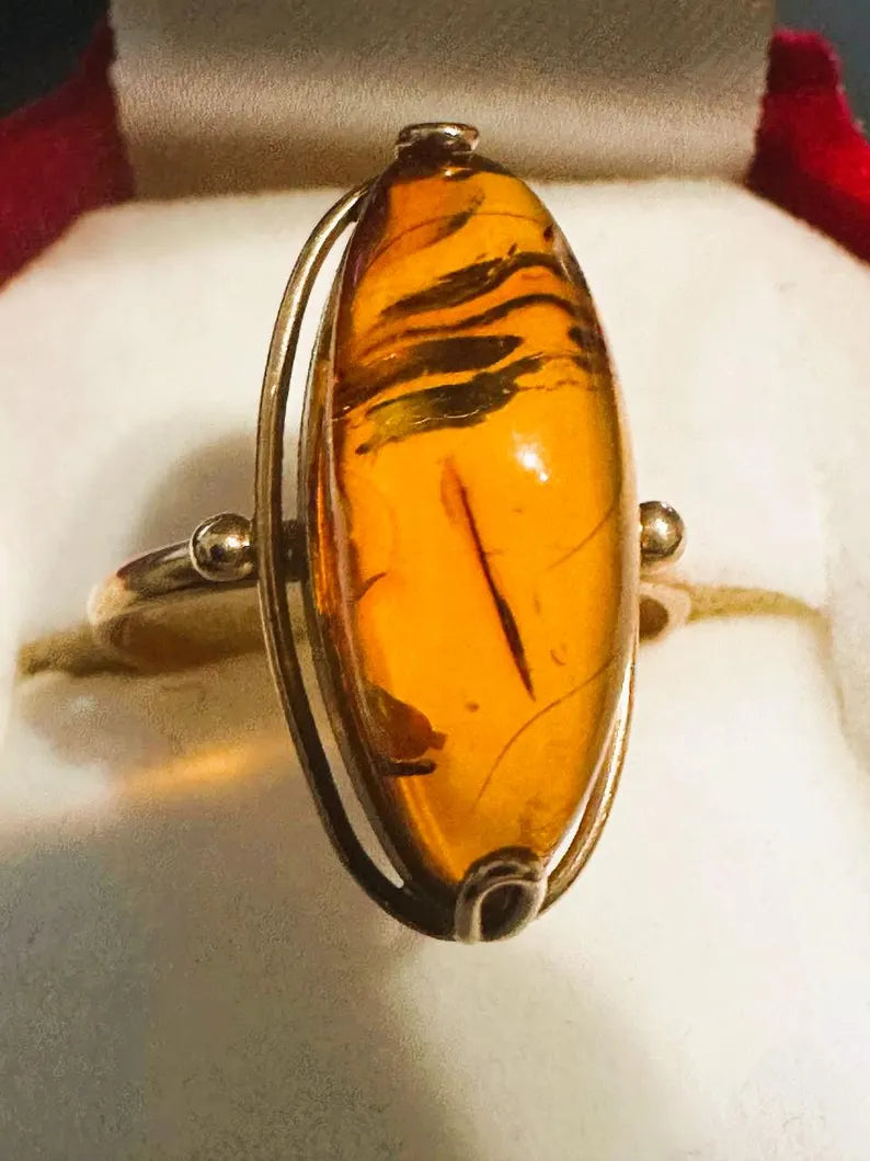 Natural Amber Cabochon Ring – Handcrafted Sterling Silver