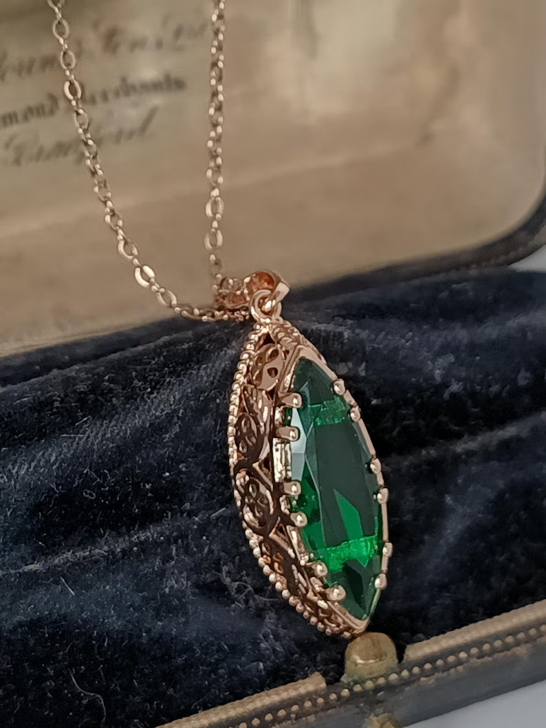 Vintage 1990s 14K Rolled Gold Emerald Pendant Necklace – Hallmarked 585 RG