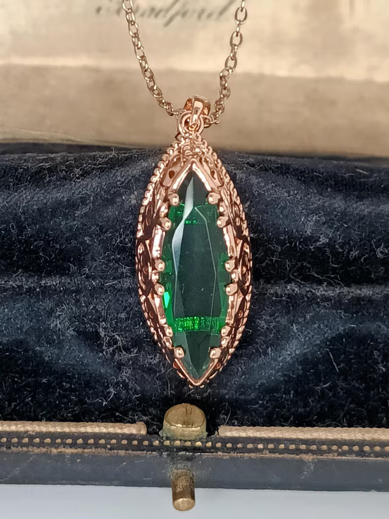 Vintage 1990s 14K Rolled Gold Emerald Pendant Necklace – Hallmarked 585 RG