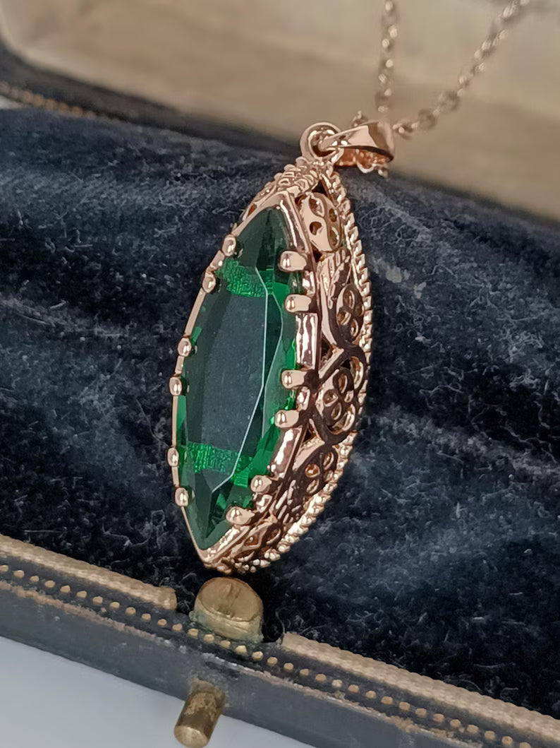 Vintage 1990s 14K Rolled Gold Emerald Pendant Necklace – Hallmarked 585 RG