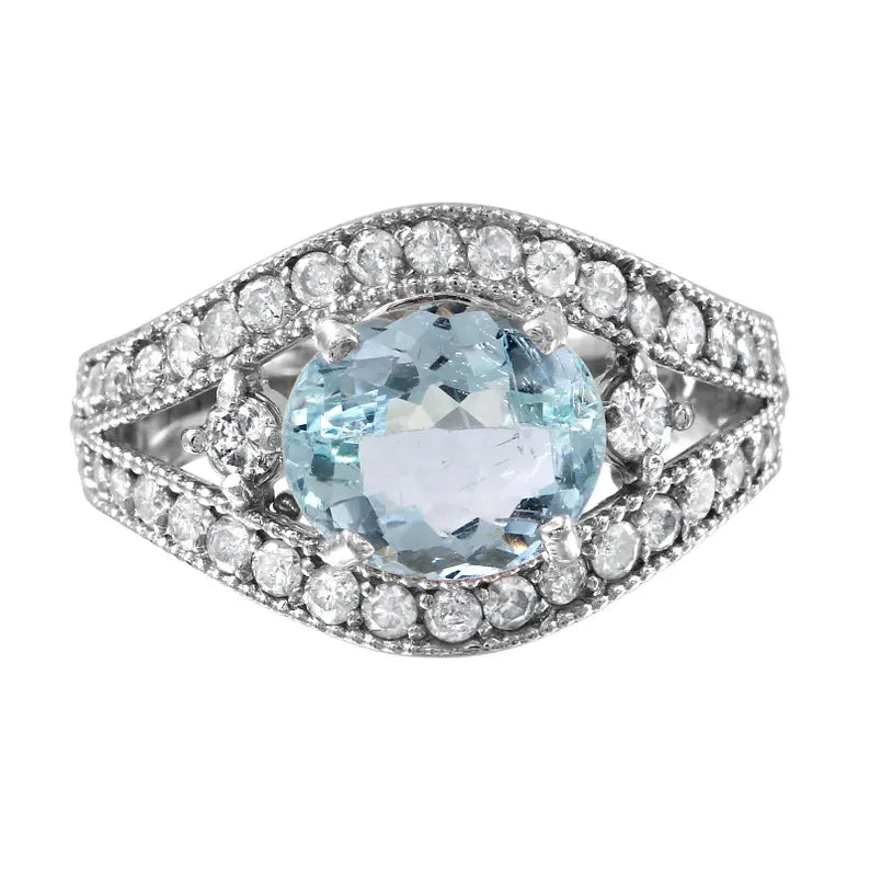 14K White Gold Aquamarine & Diamond Cocktail Ring – 2.93ctw, Size 7