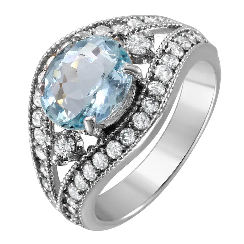 14K White Gold Aquamarine & Diamond Cocktail Ring – 2.93ctw, Size 7